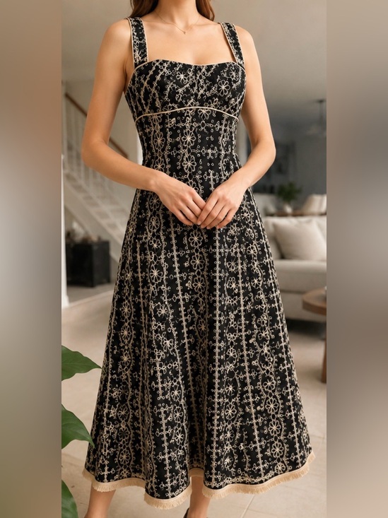 Nanette Lepore Dresses & Skirts - Nanette Lepore Black & Cream Embroidered Midi Dress – Size 6